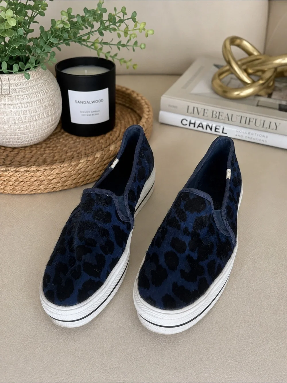 Keds x kate spade NY Triple Decker Navy Leopard Calf Hair Platform Slip-Ons Sz 9